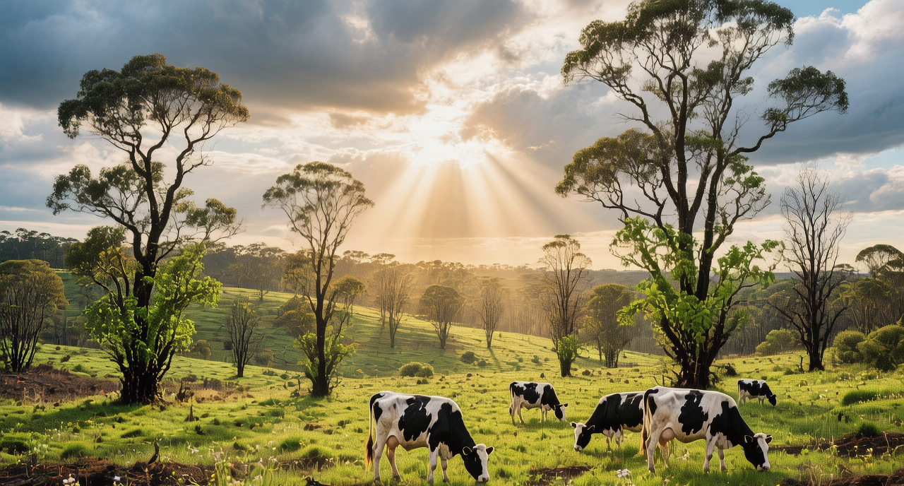 Nodco Disaster Recovery Assistance - Rural landscape after bushfire recovery with cows on green pasture